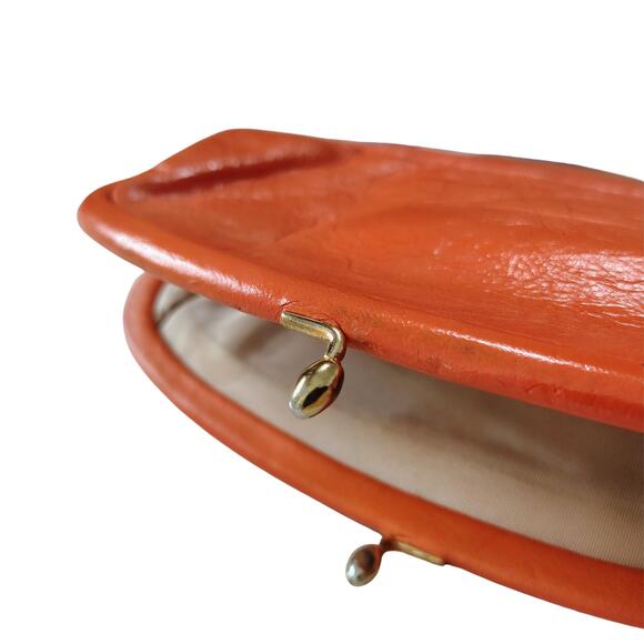 1950s Ingber Orange Genuine Leather Fold Over Clutch Handbag Gold Kiss Closure - Picture 2 of 8
